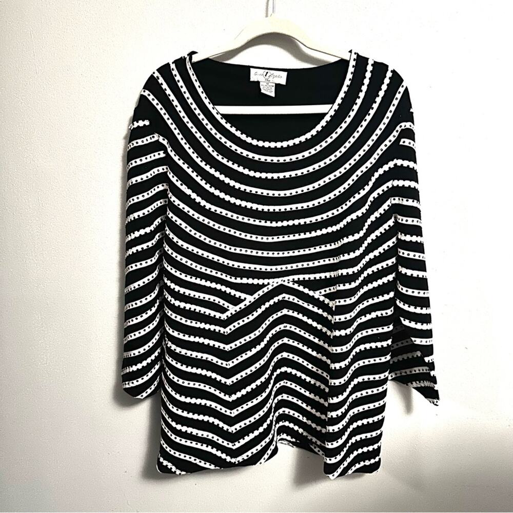 One Again Black and White Polka Dot Striped Top Shirt 3/4 Sleeve Womens 1X
